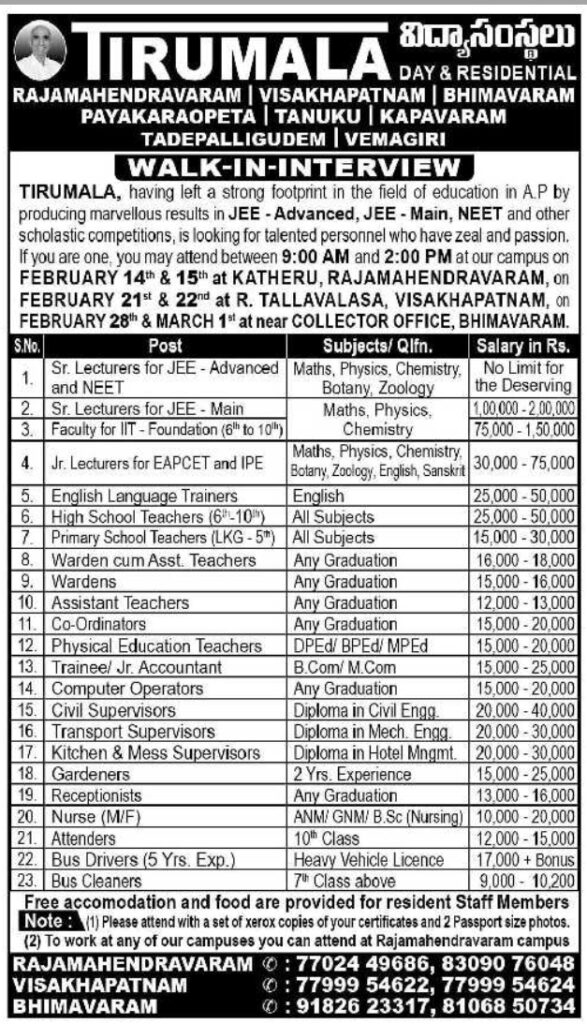 Tirumala Educational Institutions Rajahmundry, Vizag, Bhimavaram Teachers, Non Teaching Staff Jobs walk in 1 Tirumala Educational Institutions Rajahmundry, Vizag, Bhimavaram Teachers, Non Teaching Staff Jobs walk in