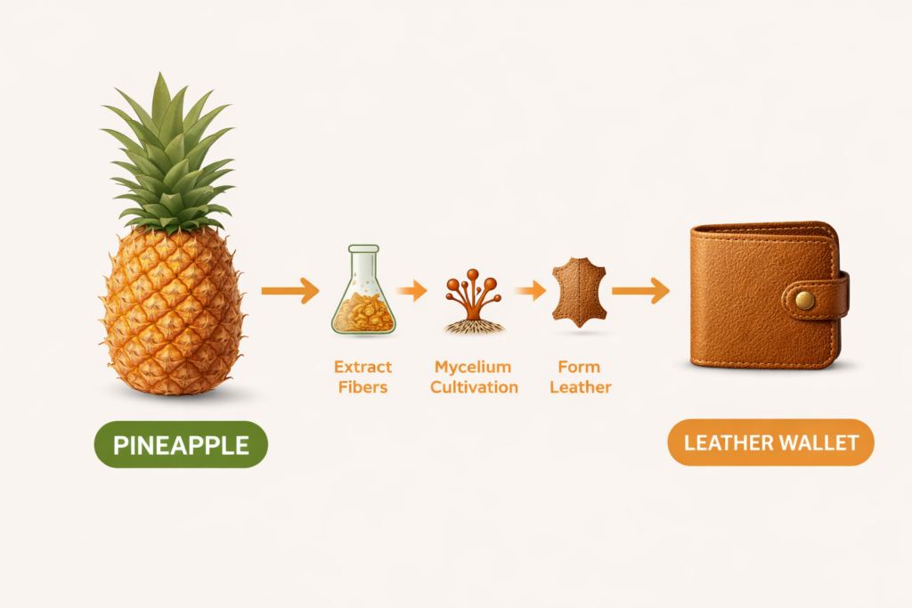 A bright clean infographic showing a pineapple transitioning from a fruit into a stylish leather wallet