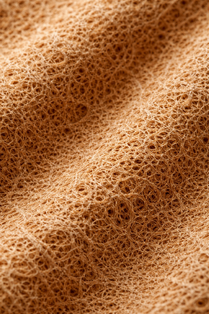 A macro high resolution shot of Mycelium leather showing a porous organic texture that looks premium