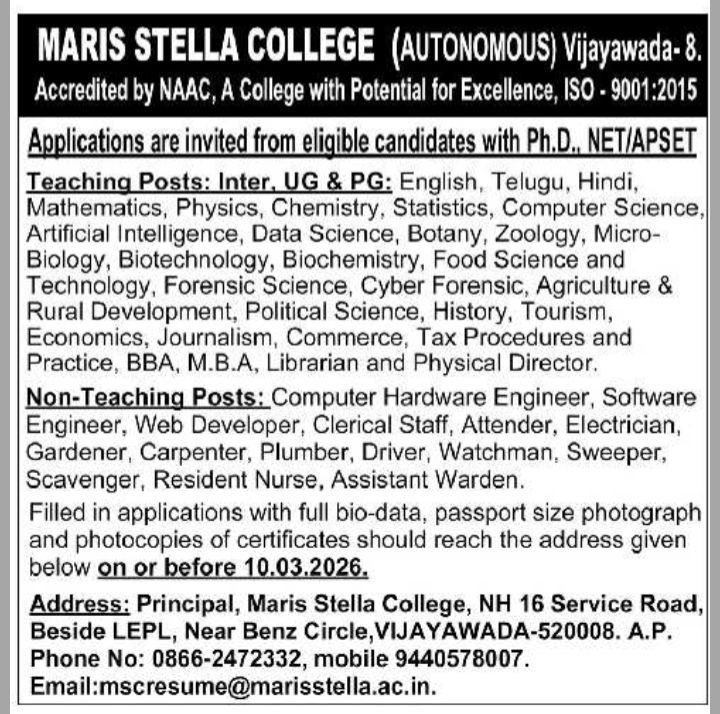 Maris Stella College Vijayawada Recruitment 2026 Notification – Teaching & Non-Teaching Faculty Jobs