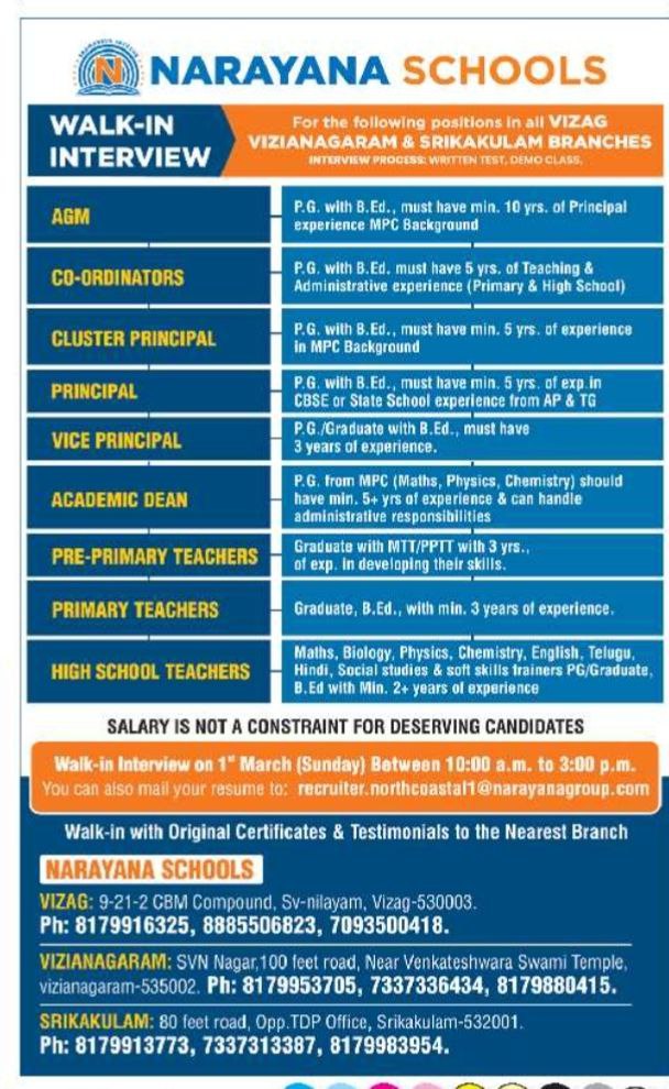 Narayana Schools Vizag, Srikakulam Vizianagarm Recruitment 2026 – Walk-in Interview for Teachers, Principal & Academic Dean Posts