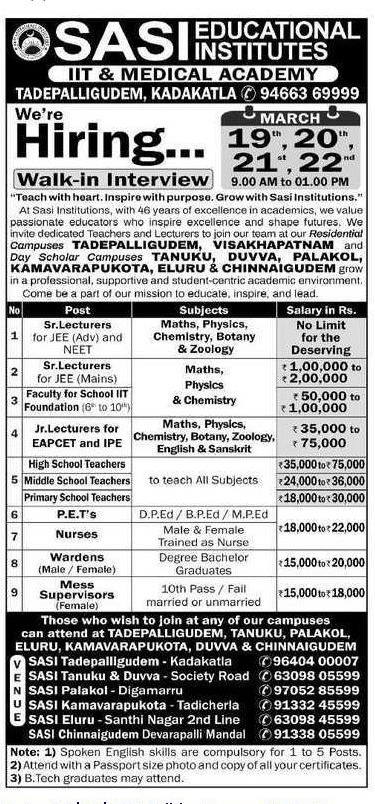 SASI Educational Institutes Senior Lecturers, JL, Nurse, Wardens, Teachers, PET Walk-in Recruitment 2026