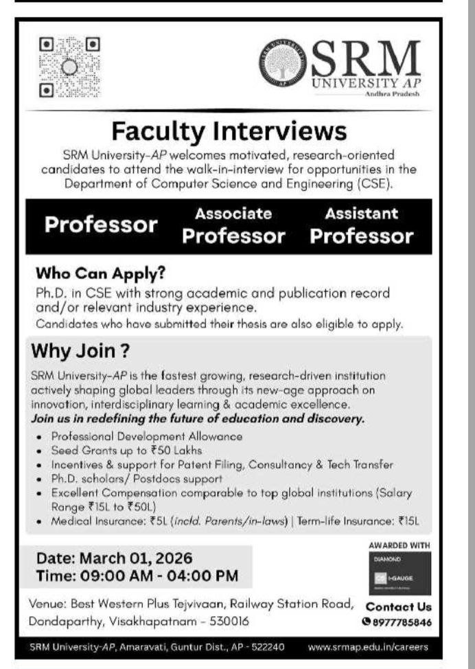 SRM University AP Faculty Recruitment 2026 Notification – Walk-in Interview for Professor, Associate Professor & Assistant Professor Posts