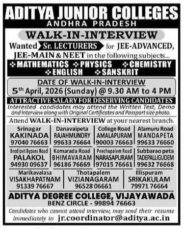Aditya Junior Colleges Recruitment 2026 – Walk-in Interview for Senior Lecturer Jobs  JEE & NEET Faculty Vacancy