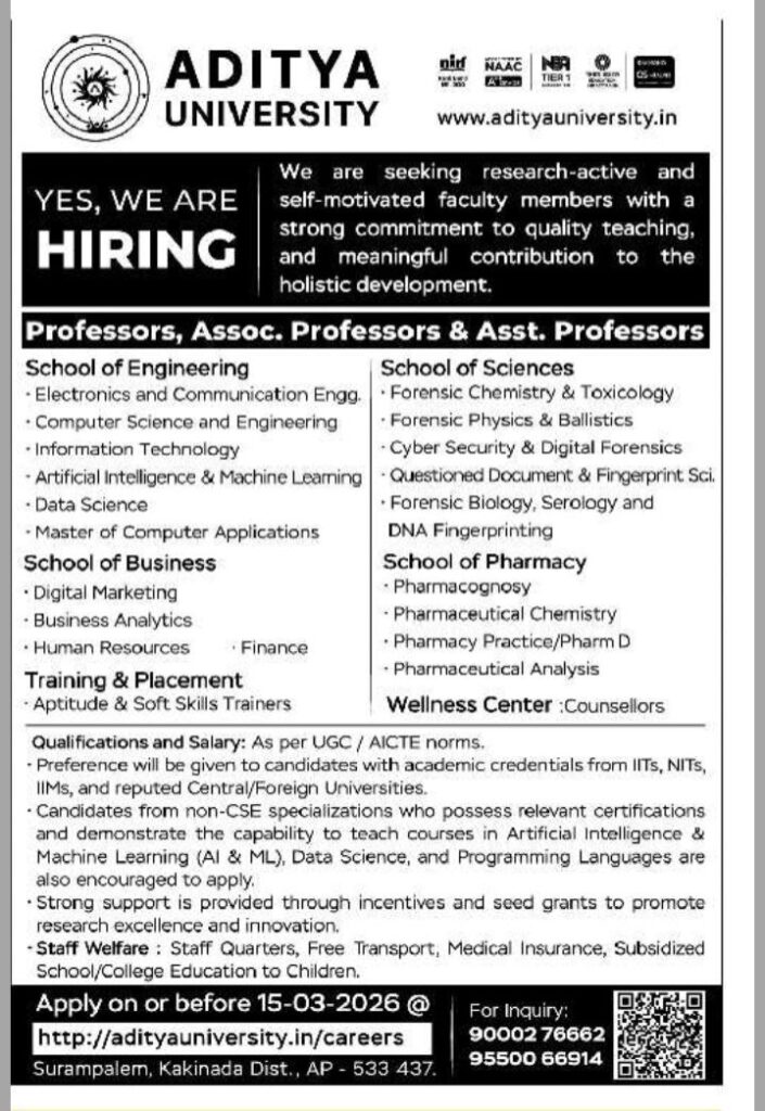 Aditya University Faculty Recruitment 2026 Jobs in Andhra Pradesh