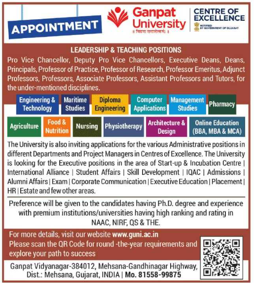 Ganpat University Recruitment 2026 – Leadership & Faculty Jobs for Professors, Deans and Directors