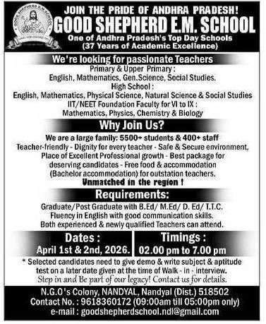 Good Shepherd E.M. School Recruitment 2026 in Nandyal – Teacher Jobs