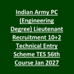 Indian Army PC (Engineering Degree) Lieutenant Recruitment 10+2 Technical Entry Scheme TES 56th Course Jan 2027