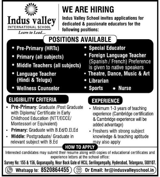 Industry Valley School Recruitment 2026 – Teachers, Special Educator, Nurse, Counselor Jobs