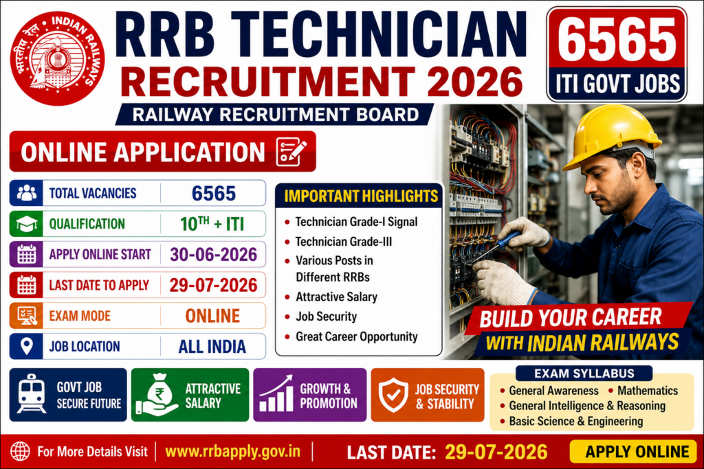 RRB Technician Recruitment 2026 6565 ITI Govt Jobs Online Exam Syllabus Last Date 29-07-2026 #rrbitijobs