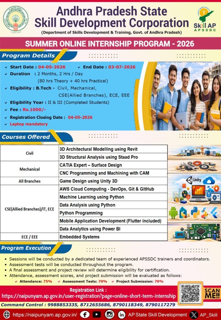APSSDC Summer Online Internship Program 2026 | Apply Online for B.Tech Students