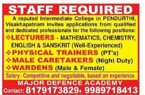 Major Defence Academy Intermediate College Recruitment 2026 Notification – Lecturers, Physical Trainers, Wardens Jobs in Visakhapatnam