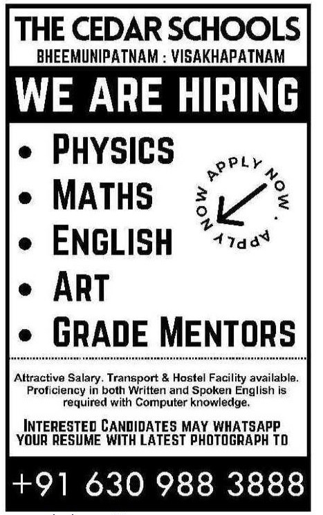 The Cedar Schools Visakhapatnam Recruitment 2026 Notification – Physics, Maths, English Teachers & Grade Mentors Jobs