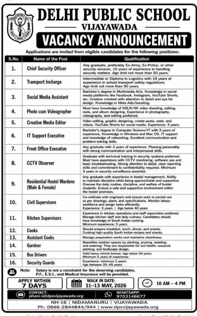 Delhi Public School Vijayawada Recruitment 2026 Walk-in for Security Officer, IT Support, Hostel Warden, Media Editor & Multiple Posts
