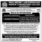 Malineni Lakshmaiah Women’s Engineering College Recruitment 2026 – Walk in Interview for Assistant Professor Jobs