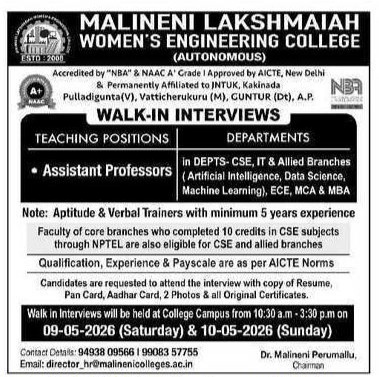 Malineni Lakshmaiah Women’s Engineering College Recruitment 2026 – Walk in Interview for Assistant Professor Jobs 1 Malineni Lakshmaiah Women’s Engineering College Recruitment 2026 – Walk in Interview for Assistant Professor Jobs
