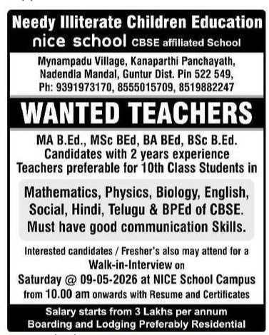 NICE School Guntur Teacher Recruitment 2026 – Walk in Interview for CBSE Teacher Jobs