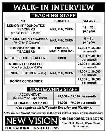 Khammam New Vision Educational Institutions Recruitment 2026 – Teacher, Junior Lecturer & Non Teaching Jobs