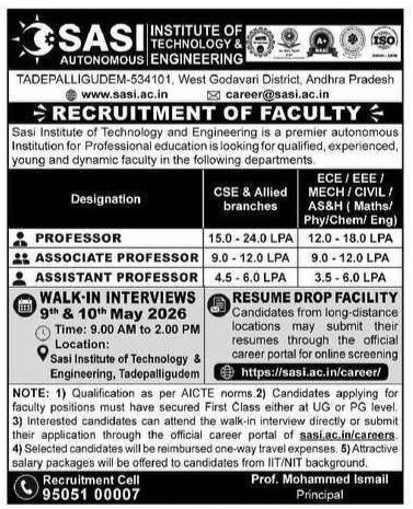 SASI Institute of Technology & Engineering Recruitment 2026 – Walk in Interview for Professor & Assistant Professor Jobs