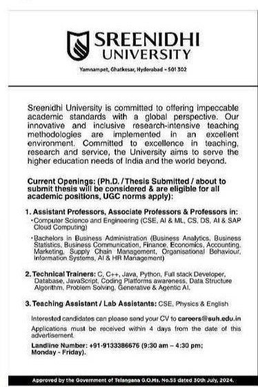 Sreenidhi University Hyderabad Recruitment 2026 – Assistant Professor, Professor, Technical Trainer & Lab Assistant Jobs