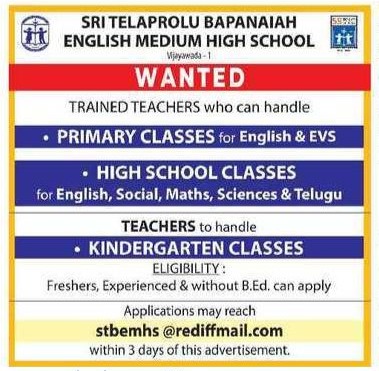 Sri Telaprolu Bapanaiah English Medium High School Recruitment 2026 Apply for Primary, High School & Kindergarten Teacher Posts
