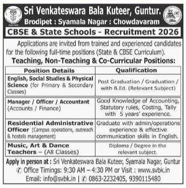 Sri Venkateswara Bala Kuteer Recruitment 2026 Apply for Teaching, Non-Teaching & Co-Curricular Posts in Guntur 1 Sri Venkateswara Bala Kuteer Recruitment 2026 Apply for Teaching, Non-Teaching & Co-Curricular Posts in Guntur