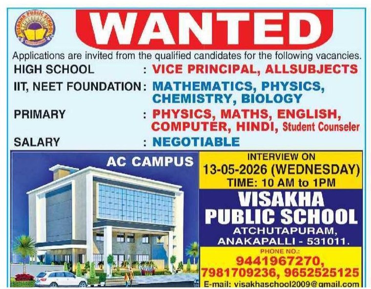 Visakha Public School Recruitment 2026 Walk-in Interview for Vice Principal, IIT & NEET Faculty and Teacher Posts in Anakapalli