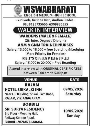 Viswabharati English Medium High School Recruitment 2026 – Wardens, ANM, GNM & PET Jobs